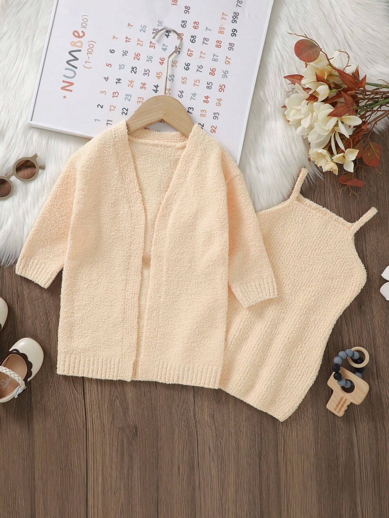 Baby Girl Solid Cami Sweater Dress & Drop Shoulder Cardigan